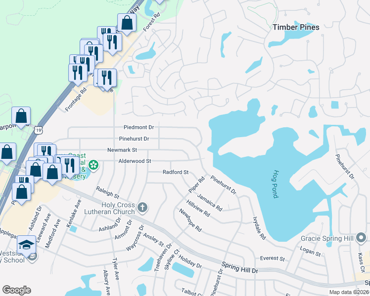 map of restaurants, bars, coffee shops, grocery stores, and more near 6309 Newmark Street in Spring Hill