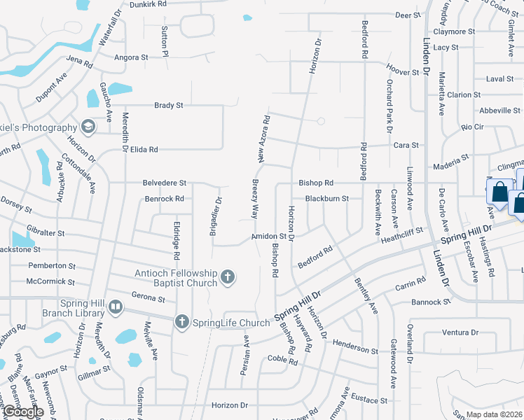 map of restaurants, bars, coffee shops, grocery stores, and more near 2044 Breezy Way in Spring Hill