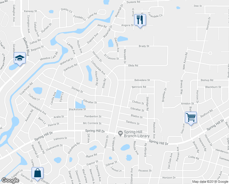 map of restaurants, bars, coffee shops, grocery stores, and more near 9136 Horizon Drive in Spring Hill