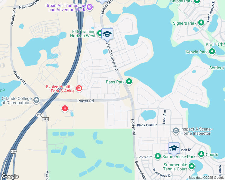 map of restaurants, bars, coffee shops, grocery stores, and more near 6566 Calamondin Drive in Winter Garden