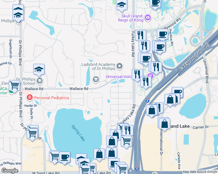 map of restaurants, bars, coffee shops, grocery stores, and more near 6980 Brescia Way in Orlando