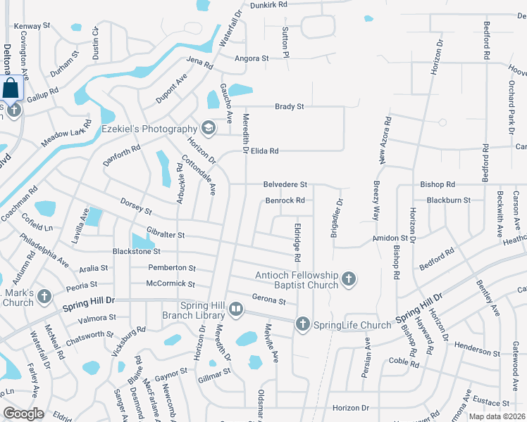 map of restaurants, bars, coffee shops, grocery stores, and more near 9297 Benrock Road in Spring Hill