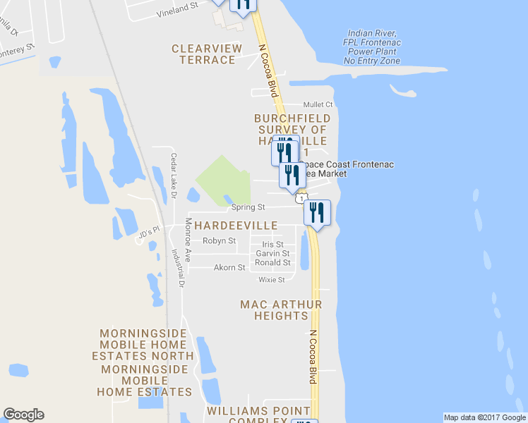 map of restaurants, bars, coffee shops, grocery stores, and more near 303 Spring Street in Cocoa