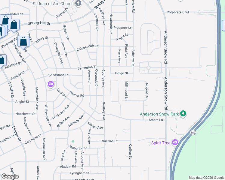 map of restaurants, bars, coffee shops, grocery stores, and more near 2026 Godfrey Avenue in Spring Hill
