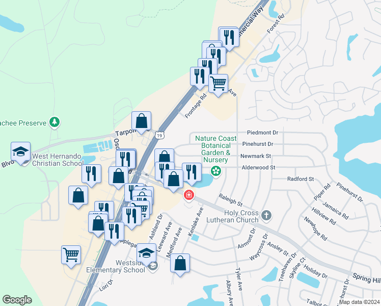 map of restaurants, bars, coffee shops, grocery stores, and more near 5541 Newmark Street in Spring Hill
