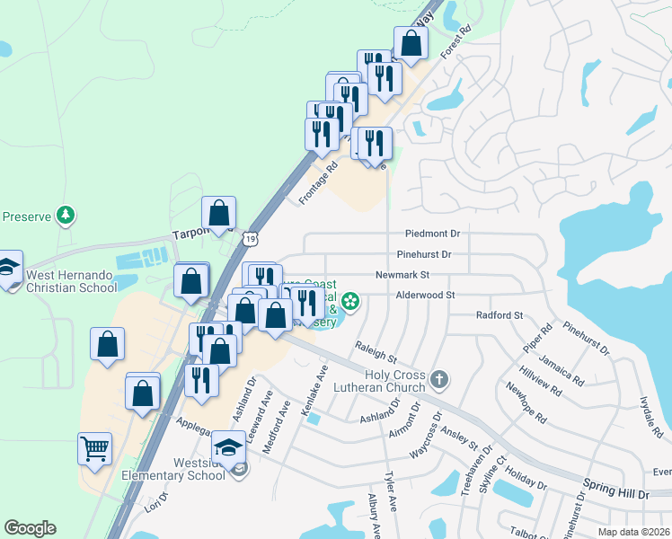 map of restaurants, bars, coffee shops, grocery stores, and more near 6029 Newmark Street in Spring Hill