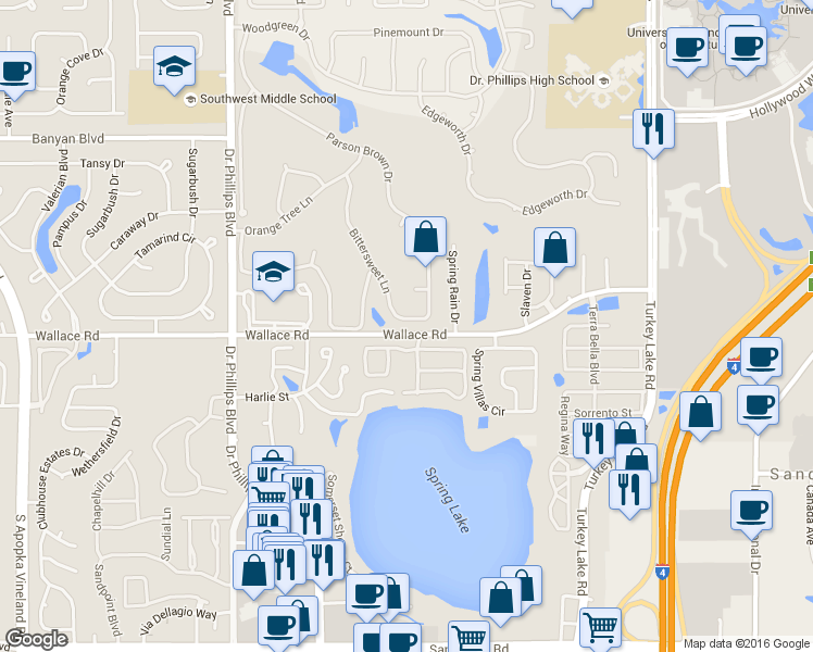 map of restaurants, bars, coffee shops, grocery stores, and more near 6854 Bittersweet Lane in Orlando