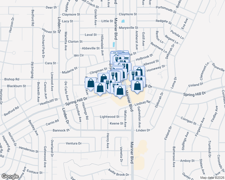 map of restaurants, bars, coffee shops, grocery stores, and more near Spring Hill Drive in Spring Hill