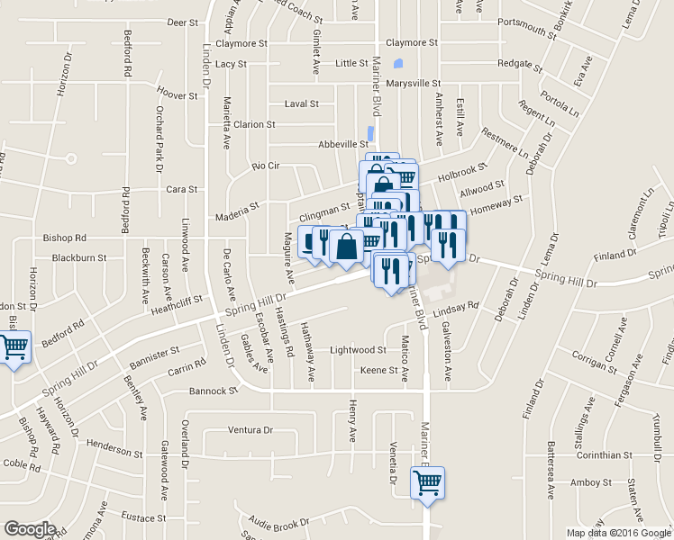 map of restaurants, bars, coffee shops, grocery stores, and more near 10545 Spring Hill Drive in Spring Hill