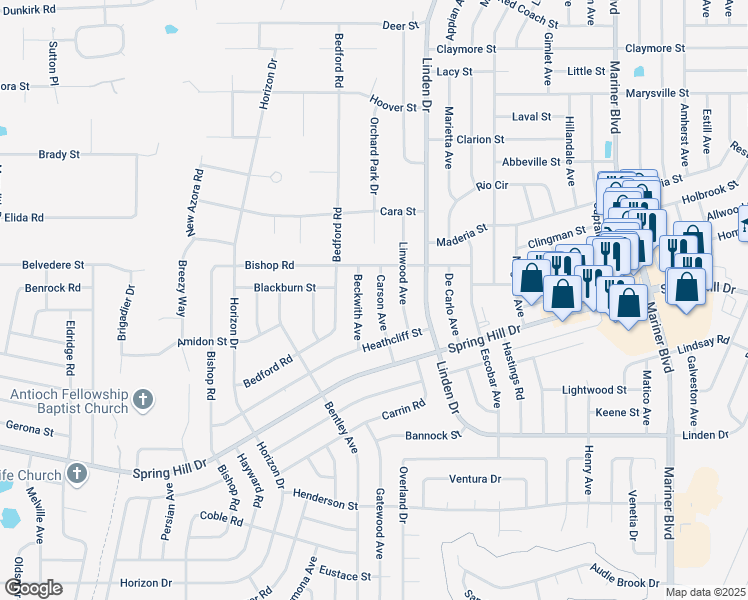 map of restaurants, bars, coffee shops, grocery stores, and more near 2042 Beckwith Avenue in Spring Hill