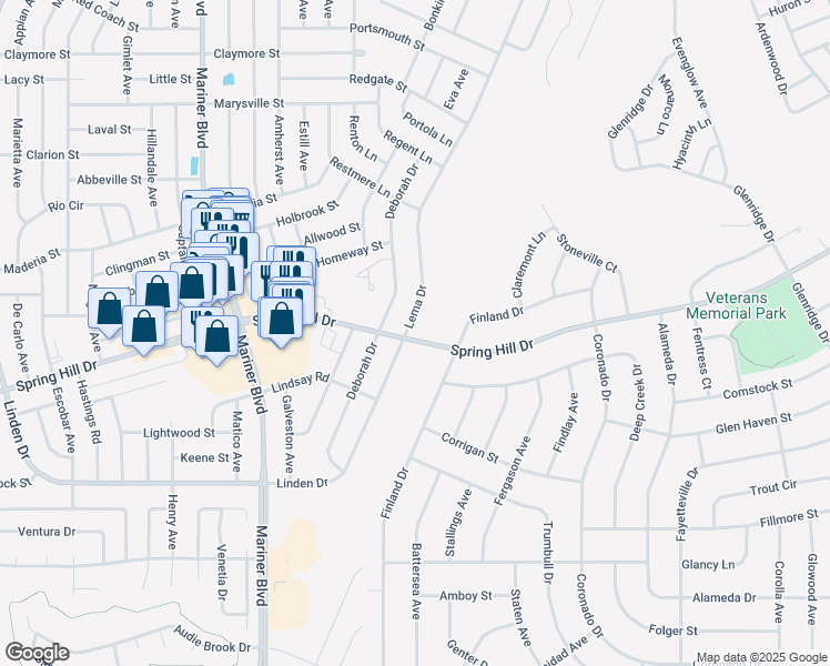 map of restaurants, bars, coffee shops, grocery stores, and more near 2054 Lema Drive in Spring Hill