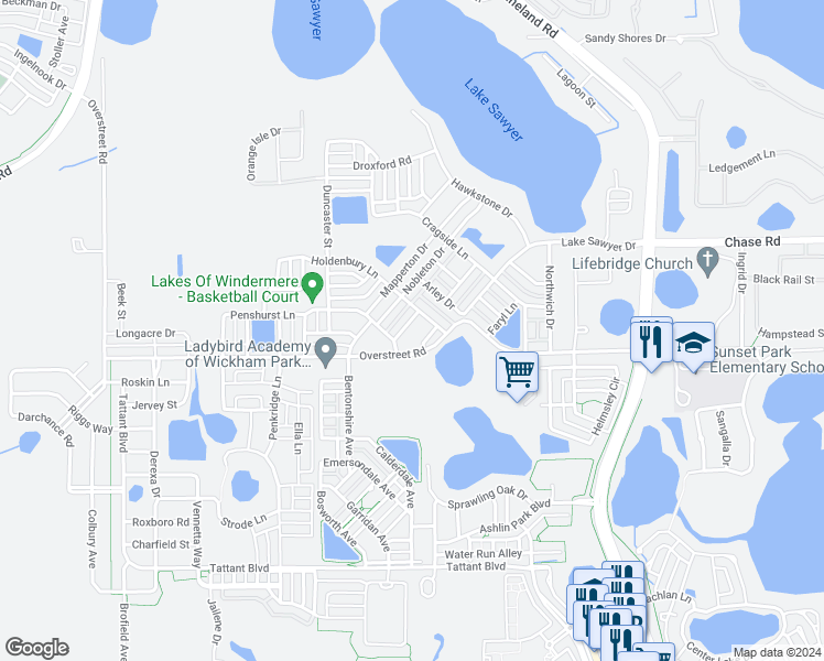 map of restaurants, bars, coffee shops, grocery stores, and more near 7033 Bramlea Lane in Windermere