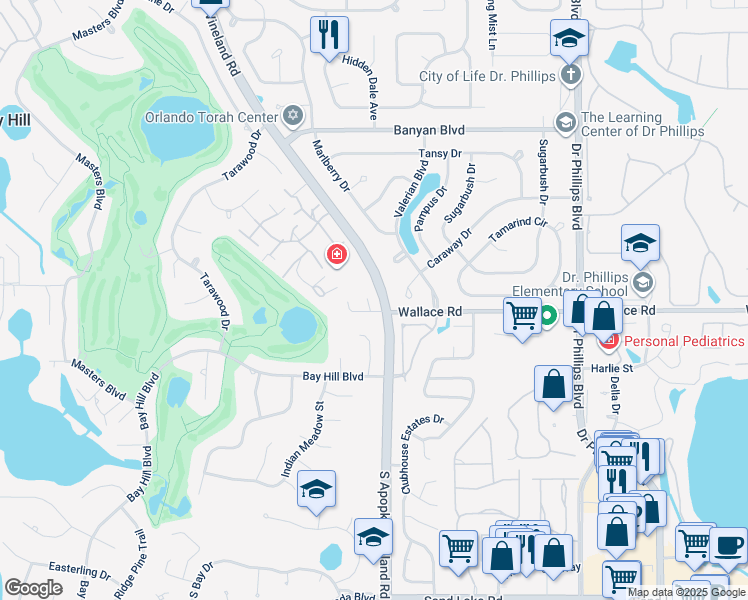 map of restaurants, bars, coffee shops, grocery stores, and more near 6032 Bay Valley Court in Orlando