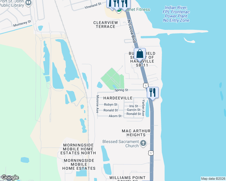 map of restaurants, bars, coffee shops, grocery stores, and more near 339 Spring Street in Cocoa