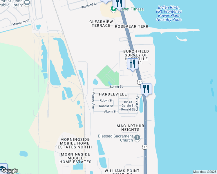 map of restaurants, bars, coffee shops, grocery stores, and more near 339 Spring Street in Cocoa