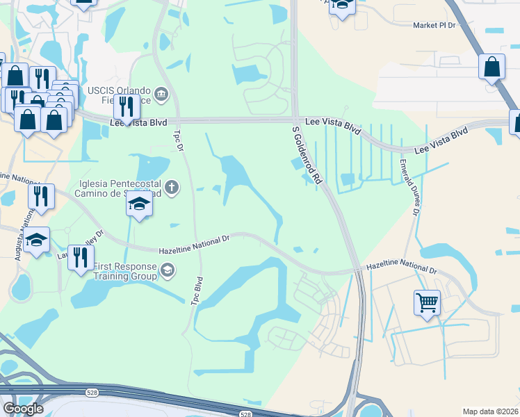 map of restaurants, bars, coffee shops, grocery stores, and more near 6533 Hazeltine National Drive in Orlando