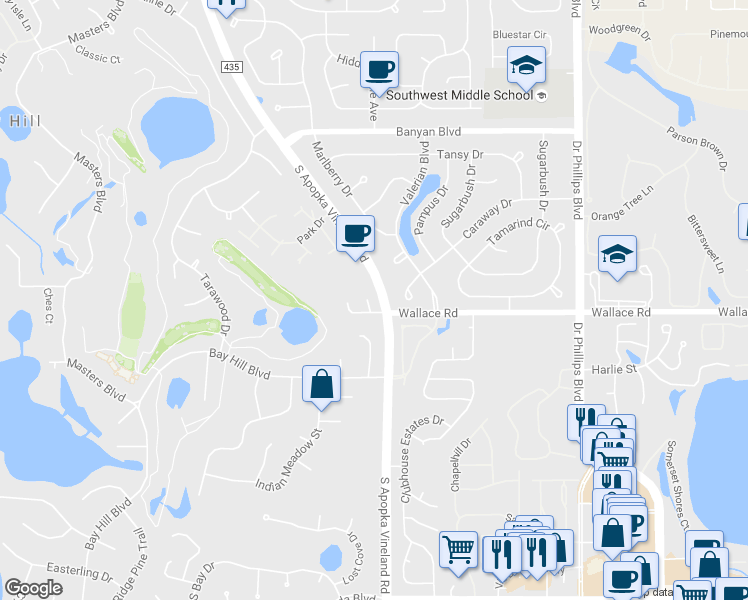 map of restaurants, bars, coffee shops, grocery stores, and more near 6032 Bay Valley Court in Orlando