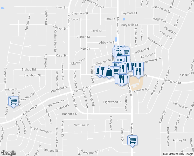 map of restaurants, bars, coffee shops, grocery stores, and more near 10446 Captain Drive in Spring Hill