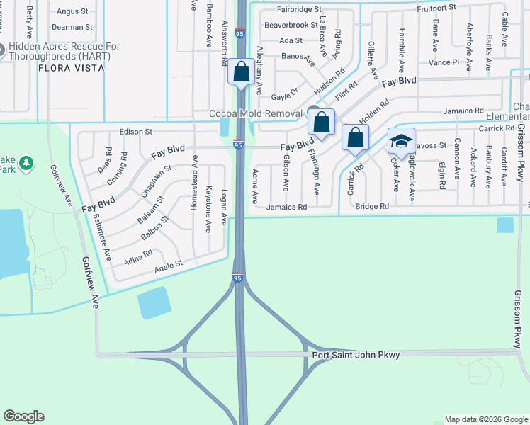 map of restaurants, bars, coffee shops, grocery stores, and more near 5889 Jamaica Road in Cocoa