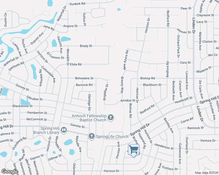 map of restaurants, bars, coffee shops, grocery stores, and more near 2068 Brigadier Drive in Spring Hill