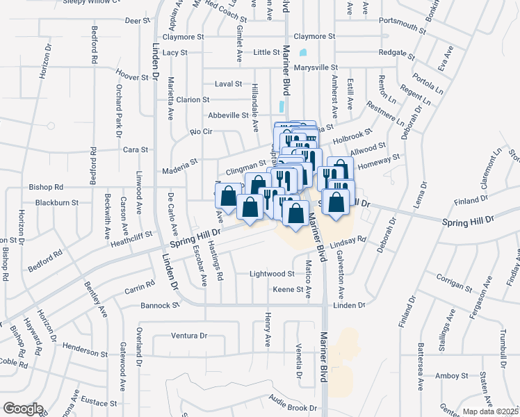 map of restaurants, bars, coffee shops, grocery stores, and more near 10545 Spring Hill Drive in Spring Hill