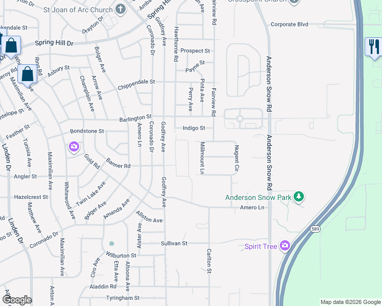 map of restaurants, bars, coffee shops, grocery stores, and more near 2083 Millmount Lane in Spring Hill