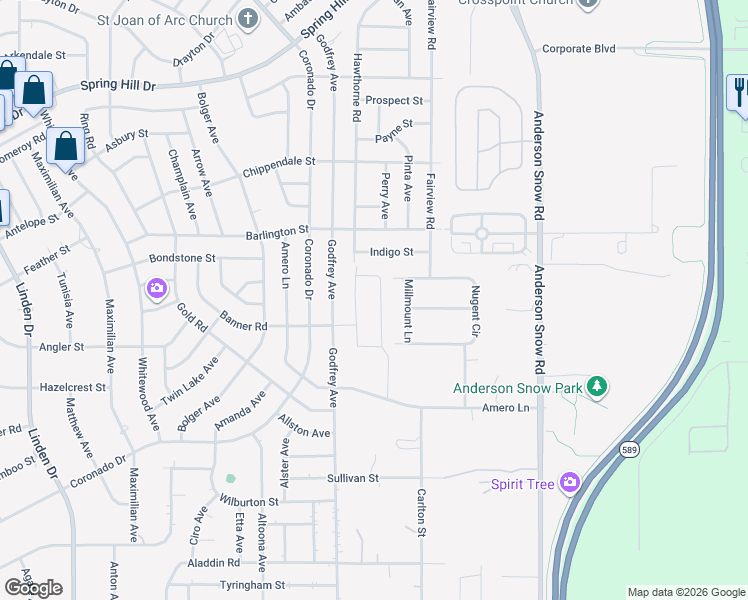 map of restaurants, bars, coffee shops, grocery stores, and more near 2083 Millmount Lane in Spring Hill