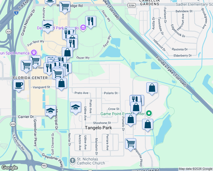 map of restaurants, bars, coffee shops, grocery stores, and more near 4902 Vanguard Street in Orlando
