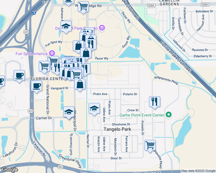 map of restaurants, bars, coffee shops, grocery stores, and more near 5014 Vanguard Street in Orlando