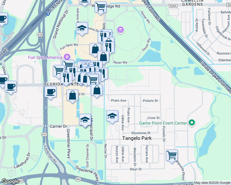map of restaurants, bars, coffee shops, grocery stores, and more near 5106 Vanguard Street in Orlando