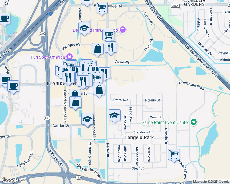 map of restaurants, bars, coffee shops, grocery stores, and more near 5136 Polaris Street in Orlando