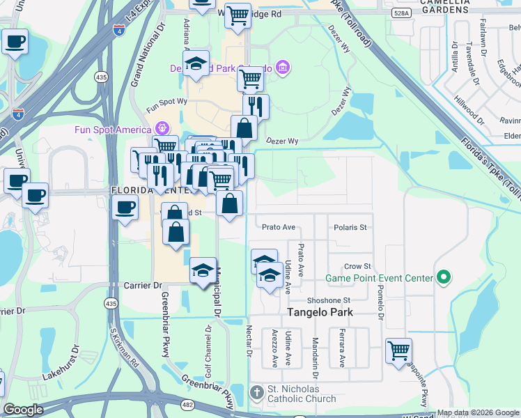 map of restaurants, bars, coffee shops, grocery stores, and more near 5136 Polaris Street in Orlando