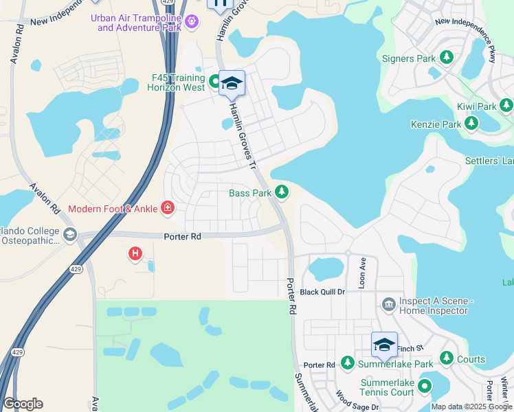 map of restaurants, bars, coffee shops, grocery stores, and more near 6519 Calamondin Drive in Winter Garden