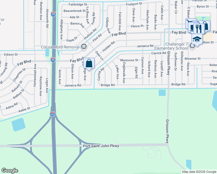 map of restaurants, bars, coffee shops, grocery stores, and more near 5373 Bridge Road in Cocoa