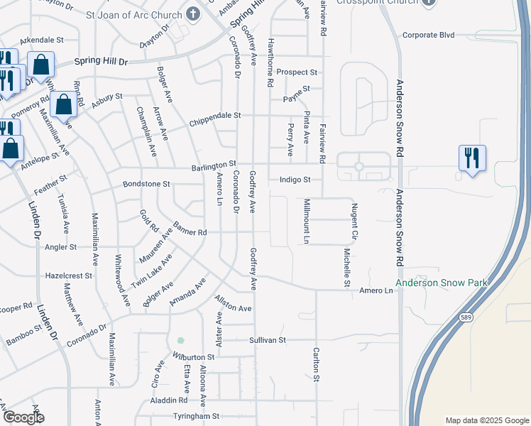 map of restaurants, bars, coffee shops, grocery stores, and more near 2026 Godfrey Avenue in Spring Hill
