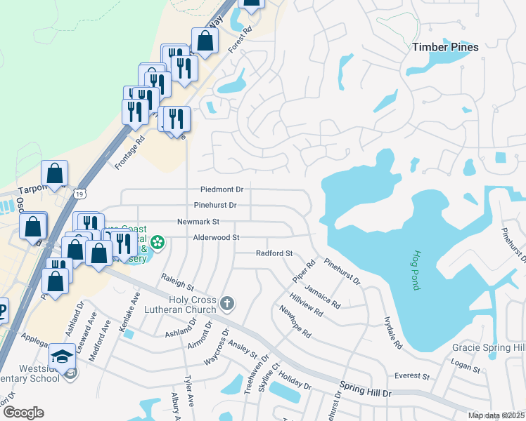 map of restaurants, bars, coffee shops, grocery stores, and more near 6265 Newmark Street in Spring Hill