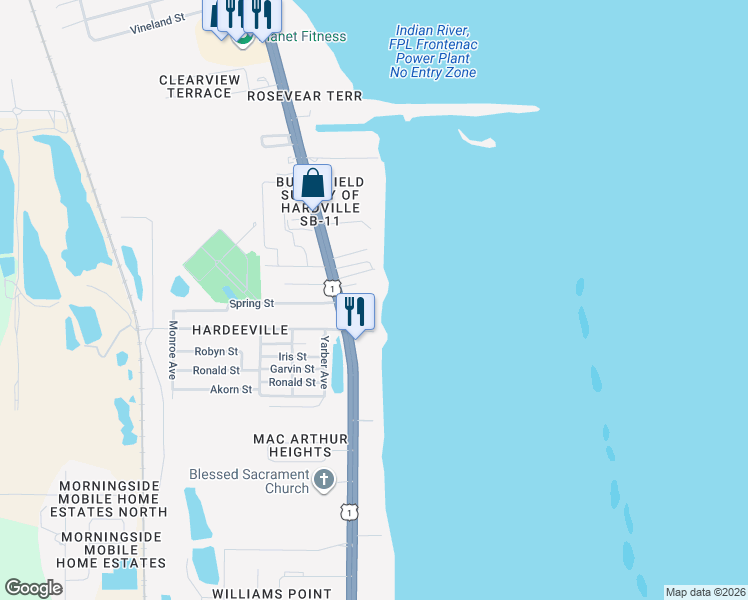 map of restaurants, bars, coffee shops, grocery stores, and more near 5410 Edgewater Court in Cocoa