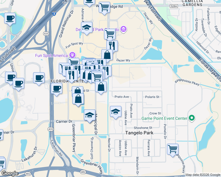 map of restaurants, bars, coffee shops, grocery stores, and more near 5136 Polaris Street in Orlando