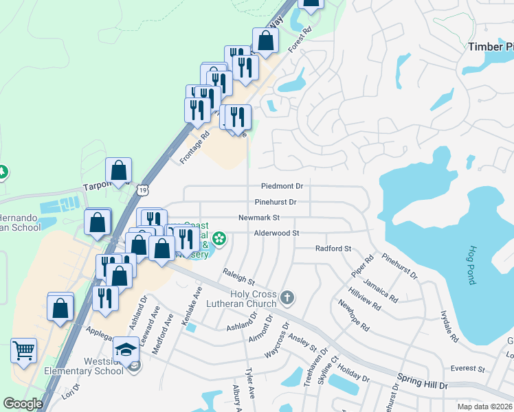 map of restaurants, bars, coffee shops, grocery stores, and more near 6127 Newmark Street in Spring Hill