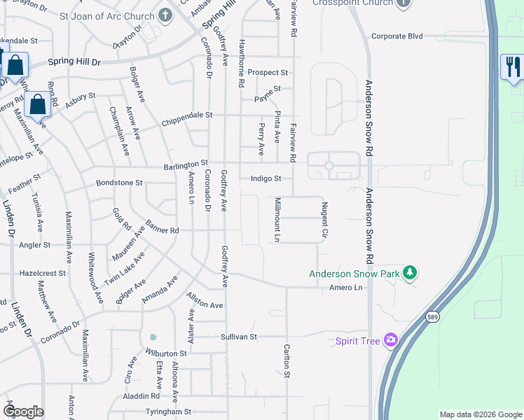 map of restaurants, bars, coffee shops, grocery stores, and more near 2083 Millmount Lane in Spring Hill