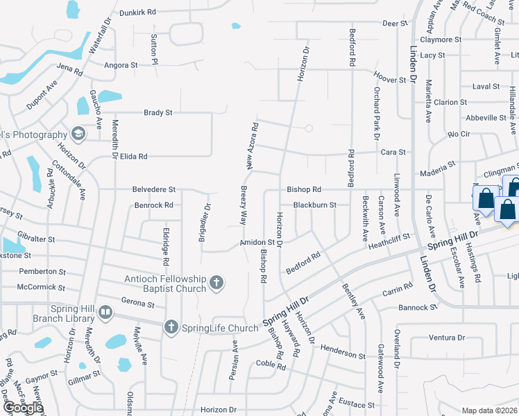 map of restaurants, bars, coffee shops, grocery stores, and more near 2044 Breezy Way in Spring Hill