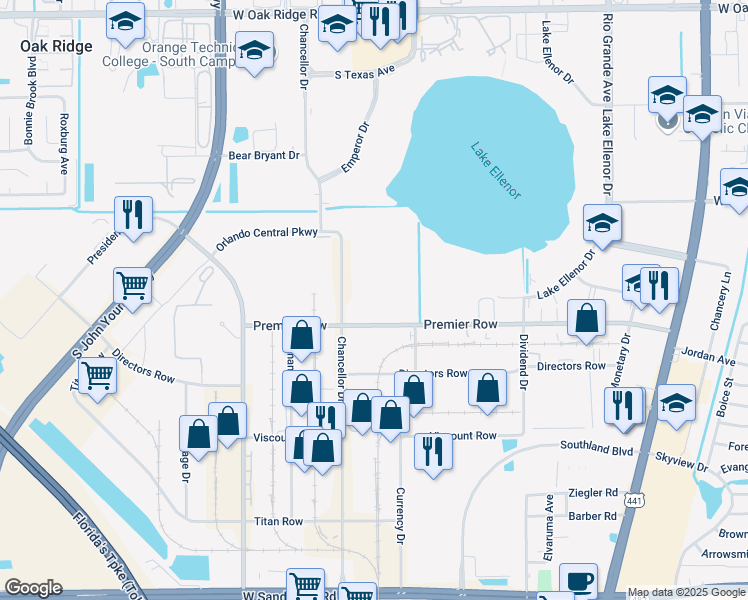 map of restaurants, bars, coffee shops, grocery stores, and more near 2287 Premier Row in Orlando