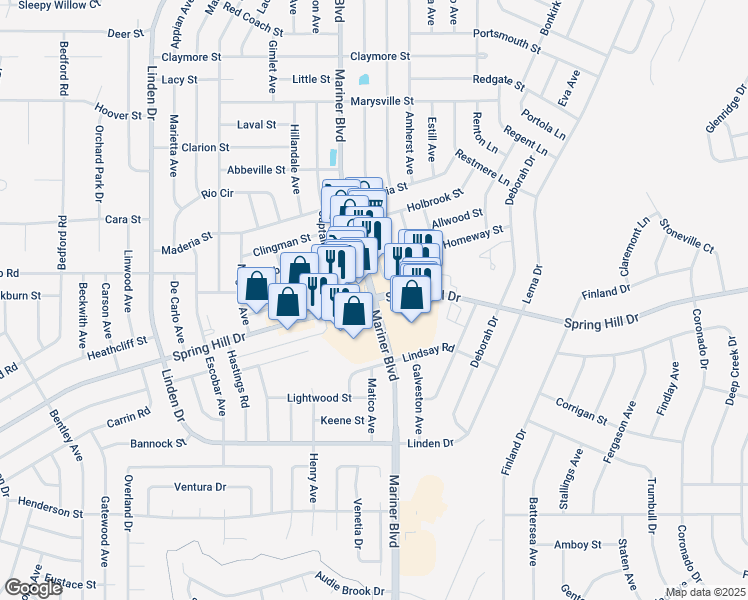 map of restaurants, bars, coffee shops, grocery stores, and more near Spring Hill Drive in Spring Hill