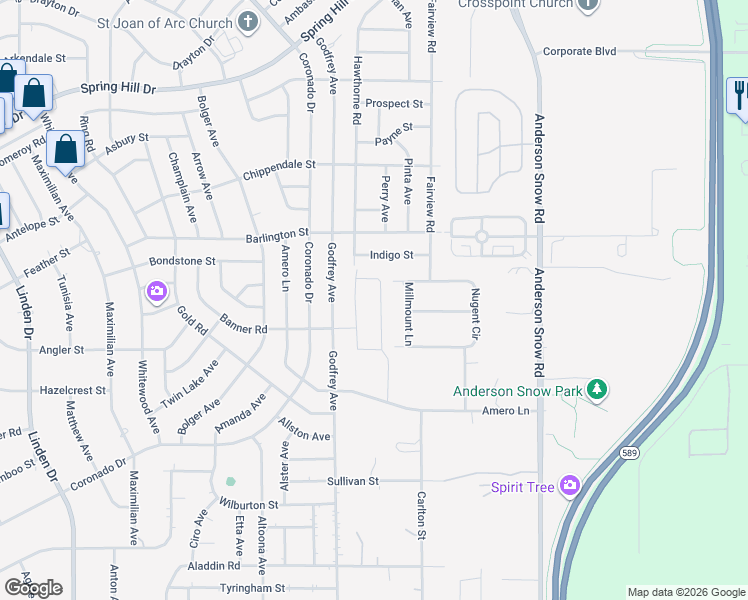 map of restaurants, bars, coffee shops, grocery stores, and more near 2083 Millmount Lane in Spring Hill