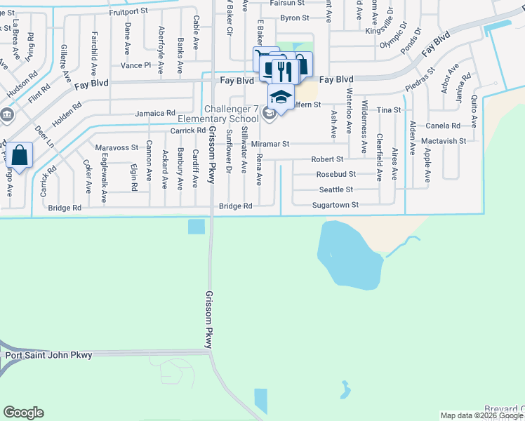 map of restaurants, bars, coffee shops, grocery stores, and more near 4881 Bridge Road in Cocoa