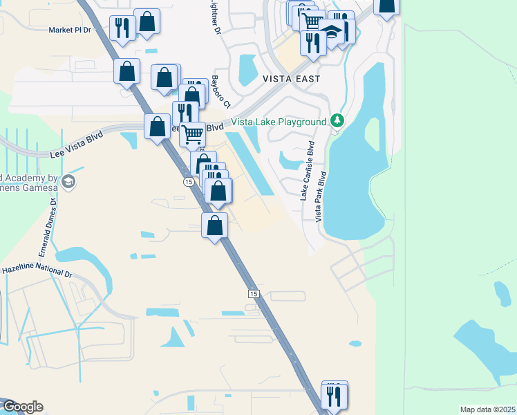 map of restaurants, bars, coffee shops, grocery stores, and more near 7143 Narcoossee Road in Orlando