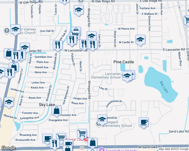 map of restaurants, bars, coffee shops, grocery stores, and more near 675 Biarrtz Court in Orlando