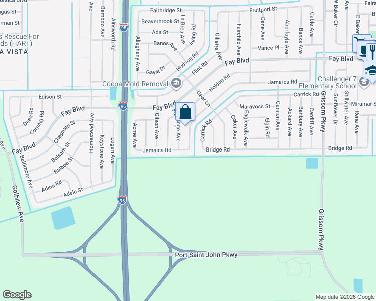 map of restaurants, bars, coffee shops, grocery stores, and more near 5709 Jamaica Road in Cocoa