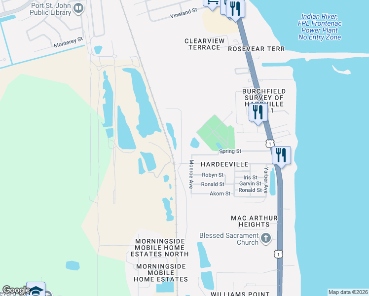 map of restaurants, bars, coffee shops, grocery stores, and more near 5906 Cedar Lake Drive in Cocoa