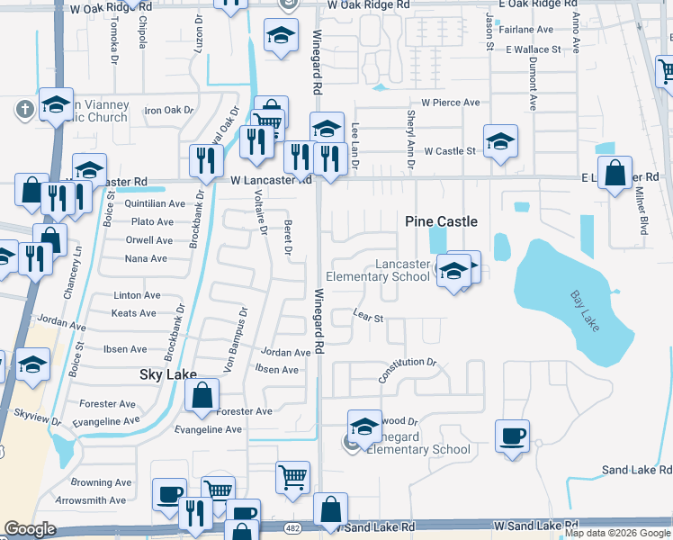 map of restaurants, bars, coffee shops, grocery stores, and more near 675 Biarrtz Court in Orlando